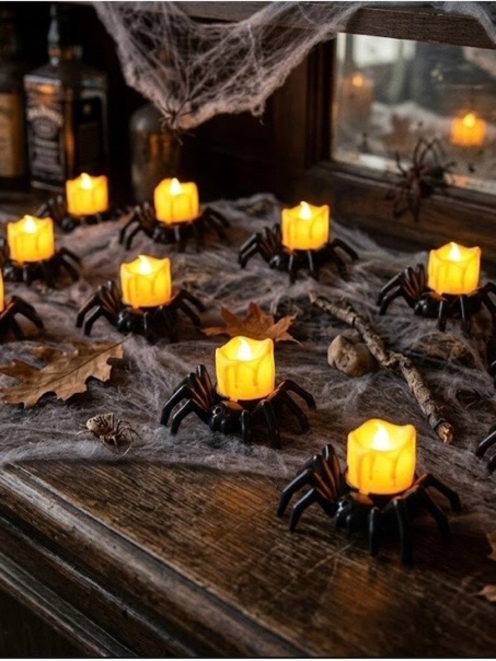 Spooky Spider LED Tea Light Set - Black and Amber Halloween